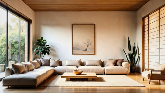 A serene living room featuring a neutral-toned, low-profile sofa, a wooden coffee table, a lone-tree art print, Shoji-style screens, and lush green plants, reflecting a modern minimalist Japandi aesthetic.