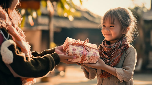 A smiling Southeast Asian child wearing a patterned scarf accepts a wrapped present with both hands in an outdoor setting.