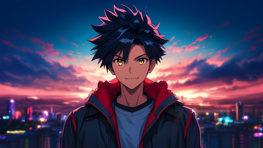 Smiling anime character with a cityscape sunset. This image represents the discovery of underrated anime series you need to watch.