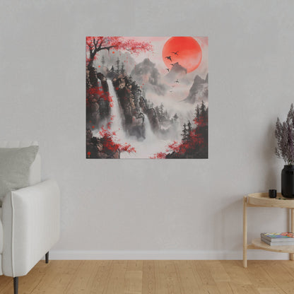 Canvas Print, Asian Landscape Art, Red Moon Mountain Scene, Tranquil Wall Decor, Nature Theme Poster, Serene Home Decoration