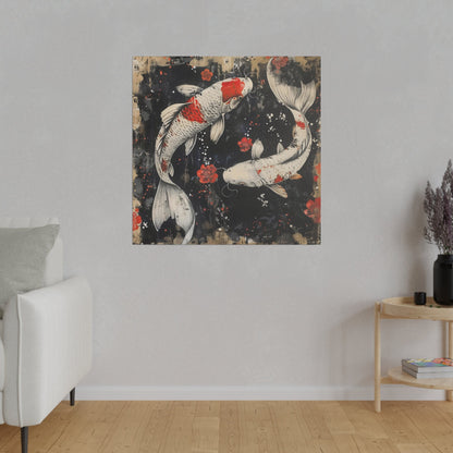 Canvas Print, Asian Koi Fish Artwork, Tranquil Home Decor, Wall Hanging, Fortune Symbol, Red Flowers, Abstract Painting, Modern Elegance,