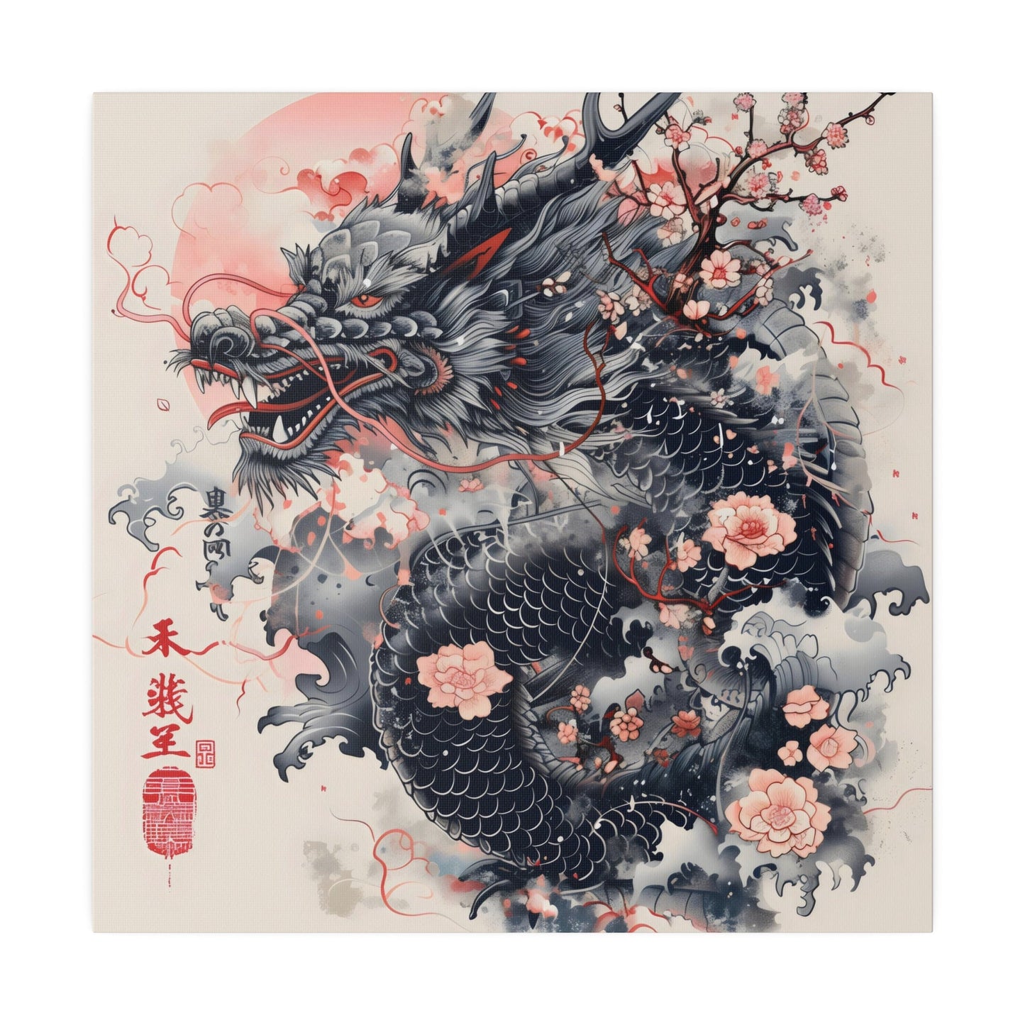 Traditional Japanese Dragon Art Canvas Print - Asian Mythology Wall Decor, Red and Black Ink Illustration