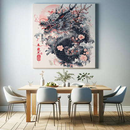 Traditional Japanese Dragon Art Canvas Print - Asian Mythology Wall Decor, Red and Black Ink Illustration