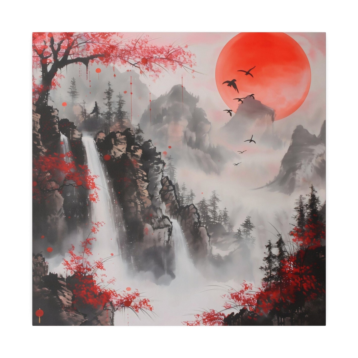 Canvas Print, Asian Landscape Art, Red Moon Mountain Scene, Tranquil Wall Decor, Nature Theme Poster, Serene Home Decoration