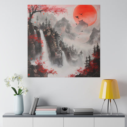 Canvas Print, Asian Landscape Art, Red Moon Mountain Scene, Tranquil Wall Decor, Nature Theme Poster, Serene Home Decoration