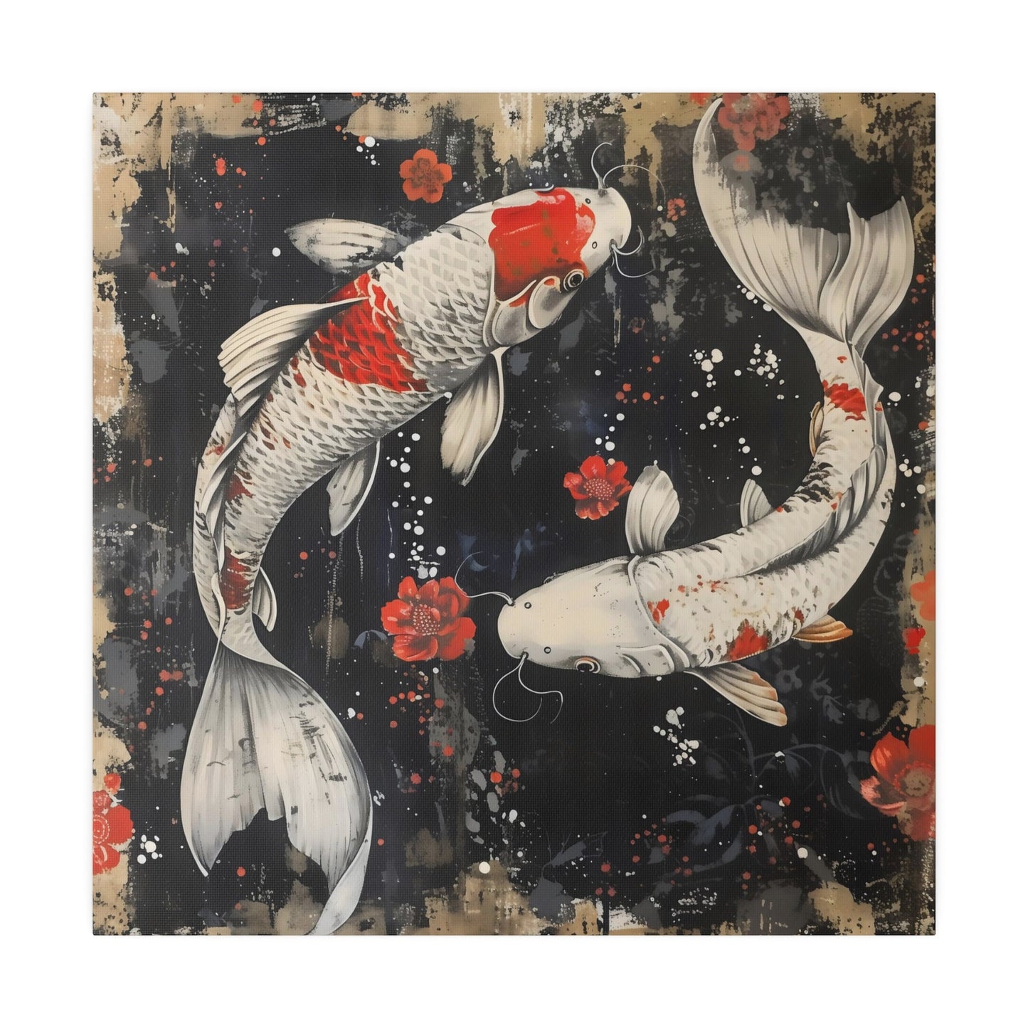 Canvas Print, Asian Koi Fish Artwork, Tranquil Home Decor, Wall Hanging, Fortune Symbol, Red Flowers, Abstract Painting, Modern Elegance,