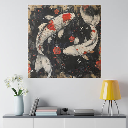 Canvas Print, Asian Koi Fish Artwork, Tranquil Home Decor, Wall Hanging, Fortune Symbol, Red Flowers, Abstract Painting, Modern Elegance,