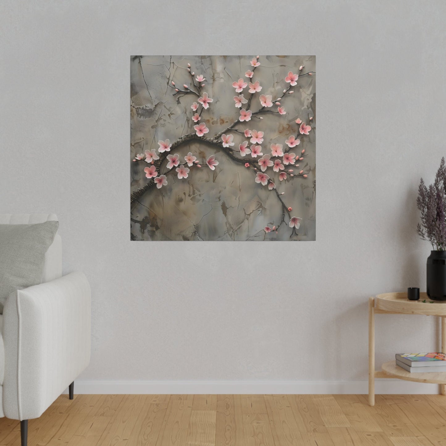 Cherry Blossom Wall Art, Textured Sakura Branch Canvas Print, Floral Home Decor, Pink Flower Artwork