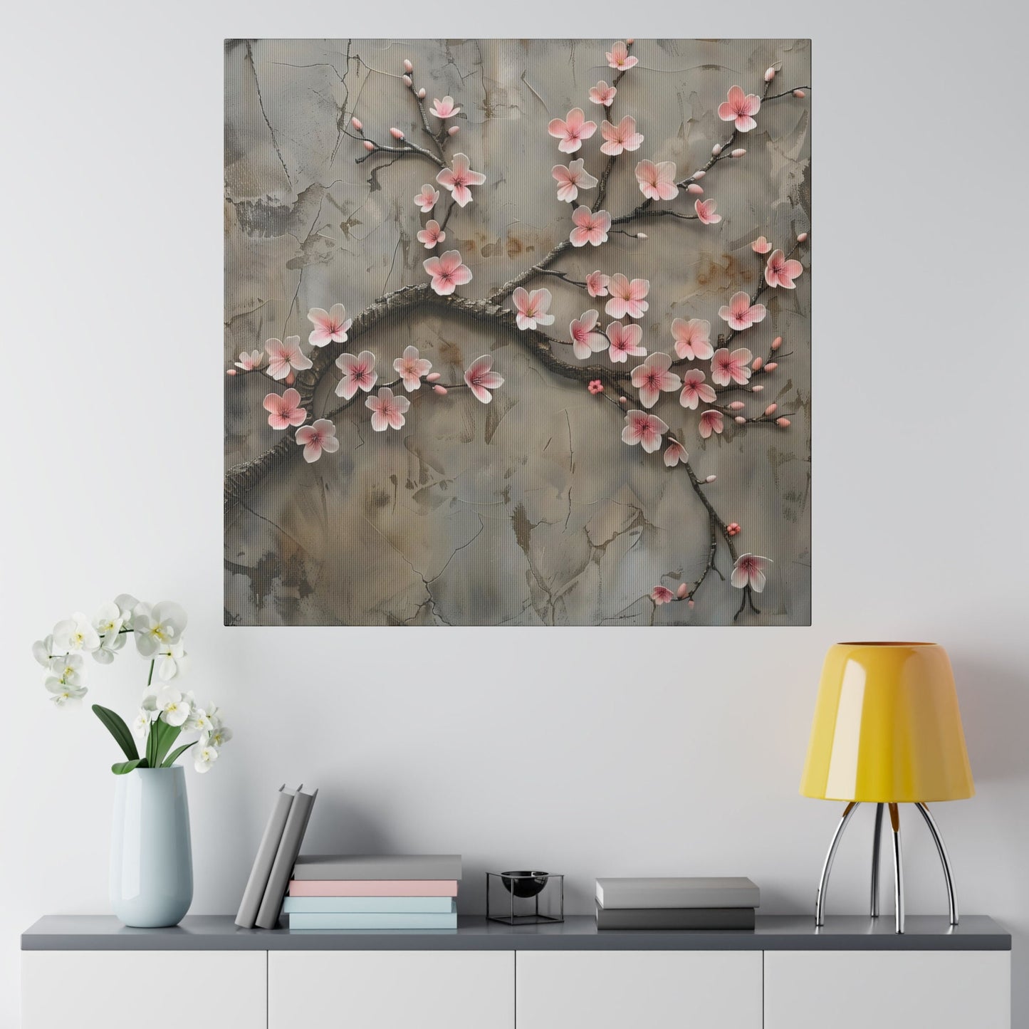 Cherry Blossom Wall Art, Textured Sakura Branch Canvas Print, Floral Home Decor, Pink Flower Artwork