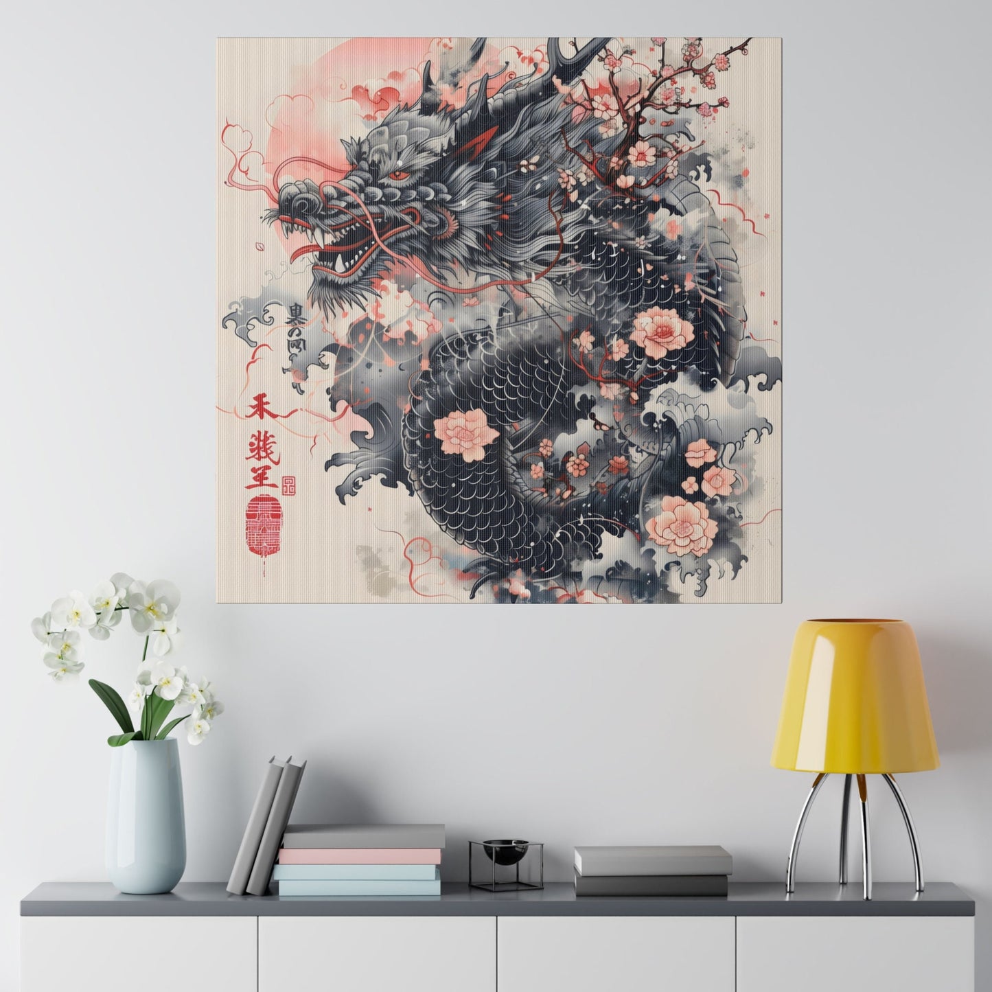 Traditional Japanese Dragon Art Canvas Print - Asian Mythology Wall Decor, Red and Black Ink Illustration