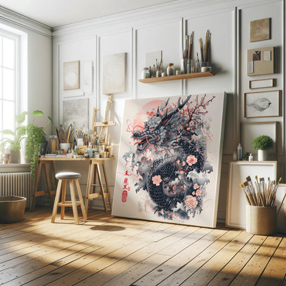 Traditional Japanese Dragon Art Canvas Print - Asian Mythology Wall Decor, Red and Black Ink Illustration