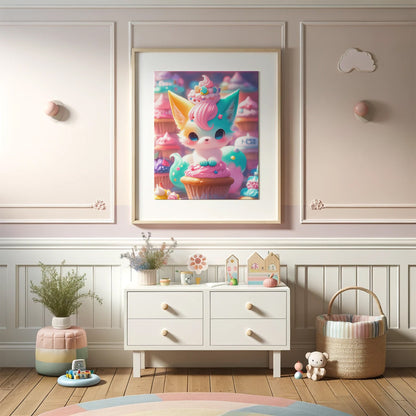 Kiku the Cupcake Kitsune - Kawaii Fox Art Poster, Cute Nursery Decor, Whimsical Animal Wall Print