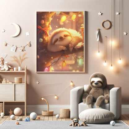 Poster Print, Sleepy Sloth Lights Poster - Kawaii Home Decor, Nursery Wall Art, Serene Animal Print, Gift for Sloth Lovers, Cute Room Decor