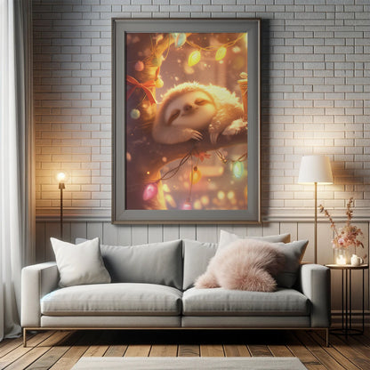 Poster Print, Sleepy Sloth Lights Poster - Kawaii Home Decor, Nursery Wall Art, Serene Animal Print, Gift for Sloth Lovers, Cute Room Decor