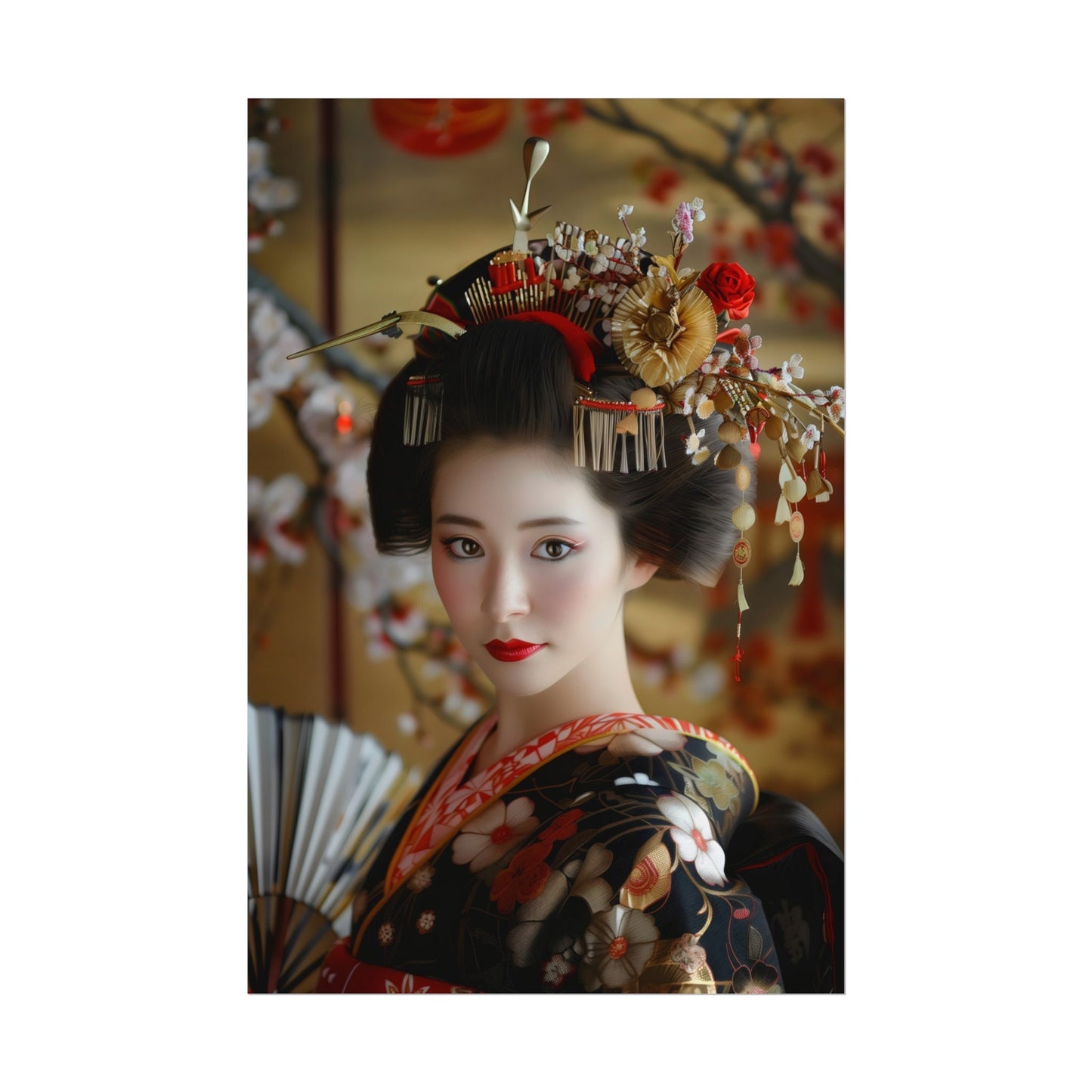 Wall Art, Geisha Beauty, Japanese Culture, Serene Elegance, Floral Kimono, Cherry Blossoms, Red Gold Black Decor, Sophisticated Home Decor,