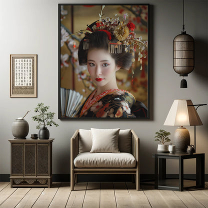 Wall Art, Geisha Beauty, Japanese Culture, Serene Elegance, Floral Kimono, Cherry Blossoms, Red Gold Black Decor, Sophisticated Home Decor,