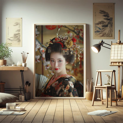 Wall Art, Geisha Beauty, Japanese Culture, Serene Elegance, Floral Kimono, Cherry Blossoms, Red Gold Black Decor, Sophisticated Home Decor,