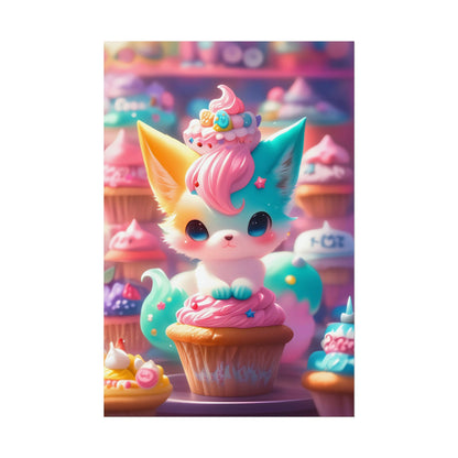 Kiku the Cupcake Kitsune - Kawaii Fox Art Poster, Cute Nursery Decor, Whimsical Animal Wall Print