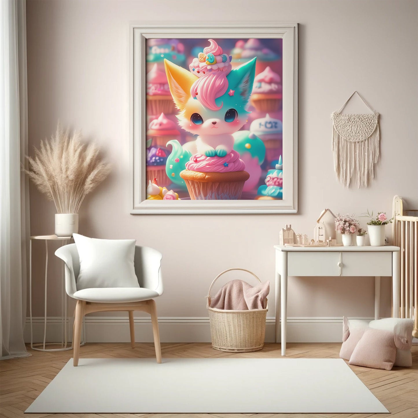 Kiku the Cupcake Kitsune - Kawaii Fox Art Poster, Cute Nursery Decor, Whimsical Animal Wall Print