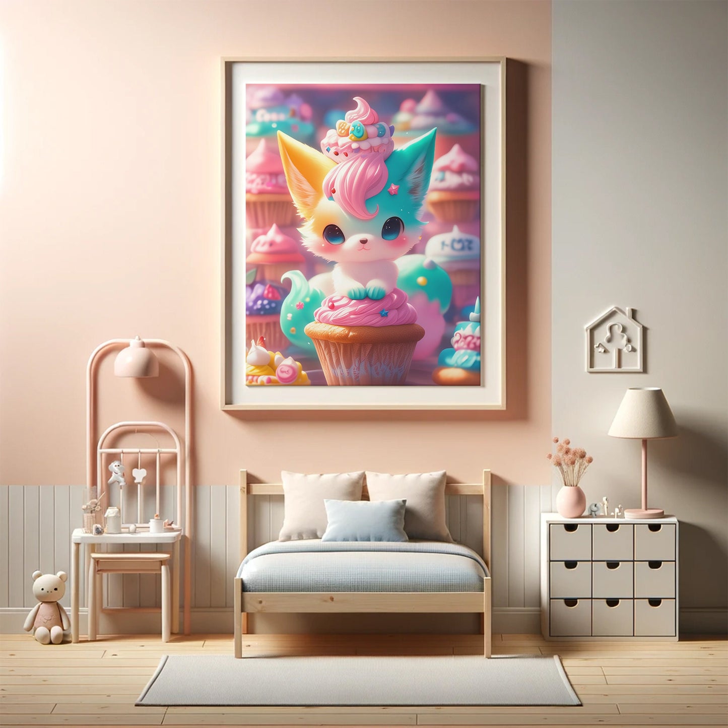 Kiku the Cupcake Kitsune - Kawaii Fox Art Poster, Cute Nursery Decor, Whimsical Animal Wall Print