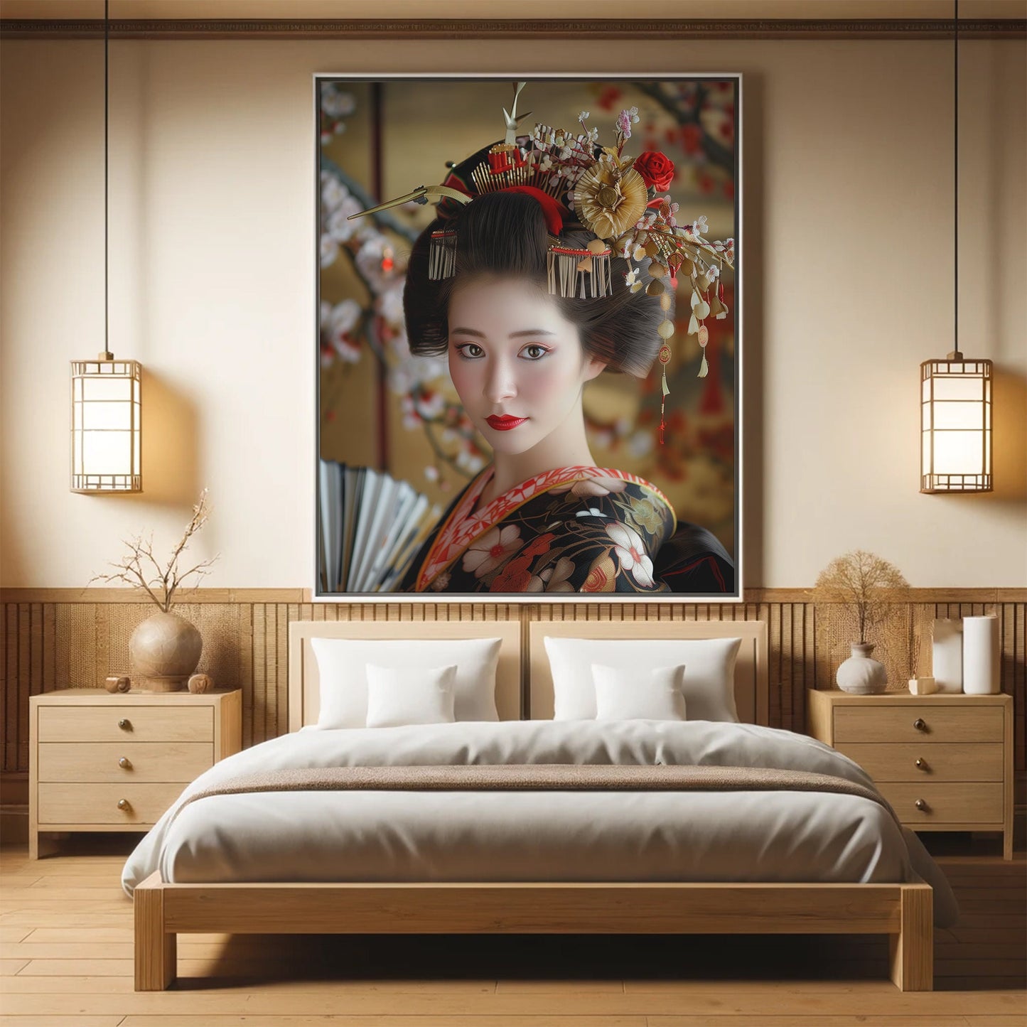 Wall Art, Geisha Beauty, Japanese Culture, Serene Elegance, Floral Kimono, Cherry Blossoms, Red Gold Black Decor, Sophisticated Home Decor,