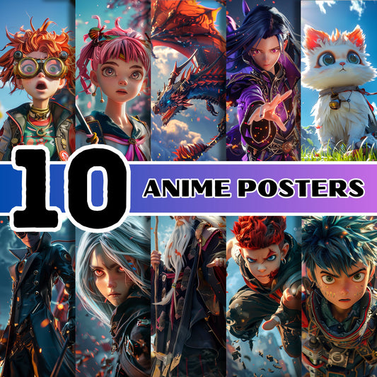 Anime Adventure: Set of 10 Digital Download Posters Images For Manga Fans Vibrant Fantasy Characters