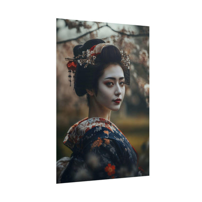 Geisha in Cherry Blossom Garden Traditional Japanese Sakura Wall Art Portrait Poster Print