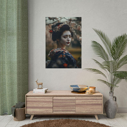 Geisha in Cherry Blossom Garden Traditional Japanese Sakura Wall Art Portrait Poster Print