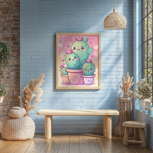 Kawaii Cactus Family Poster Cute Plant Wall Art Gift for Kawaii Lovers Decor