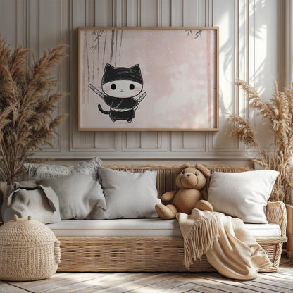 Kawaii Ninja Cat in Training Japanese-Inspired Playful Kids Room Wall Art