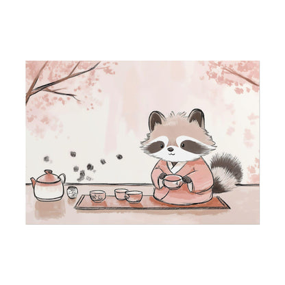 Tea Time with Tanuki Japanese-Inspired Cozy Kids Room Kawaii Wall Art