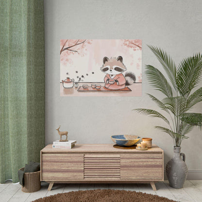 Tea Time with Tanuki Japanese-Inspired Cozy Kids Room Kawaii Wall Art