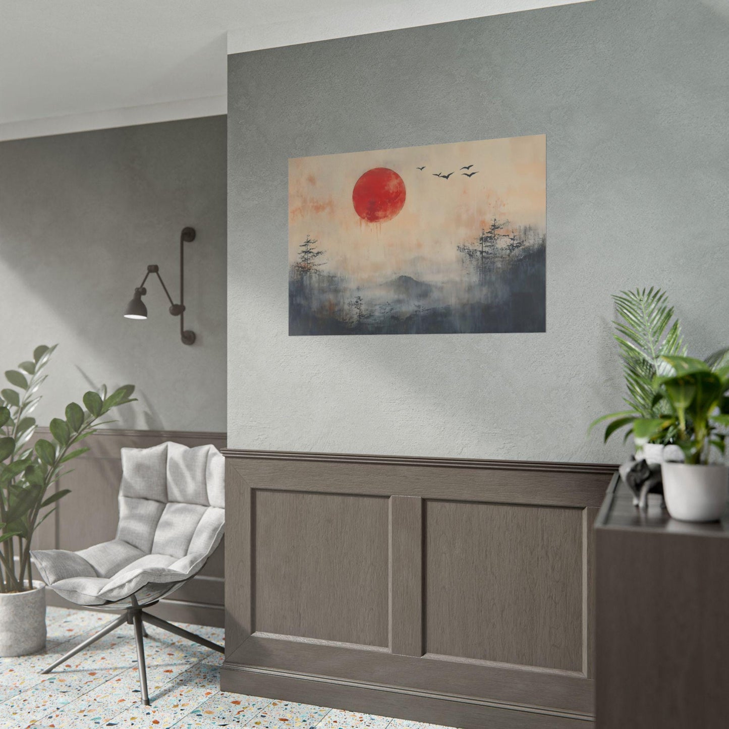 Japanese Abstract Oil Painting Style Poster Print Rising Sun Serenade Minimalist Art Decor