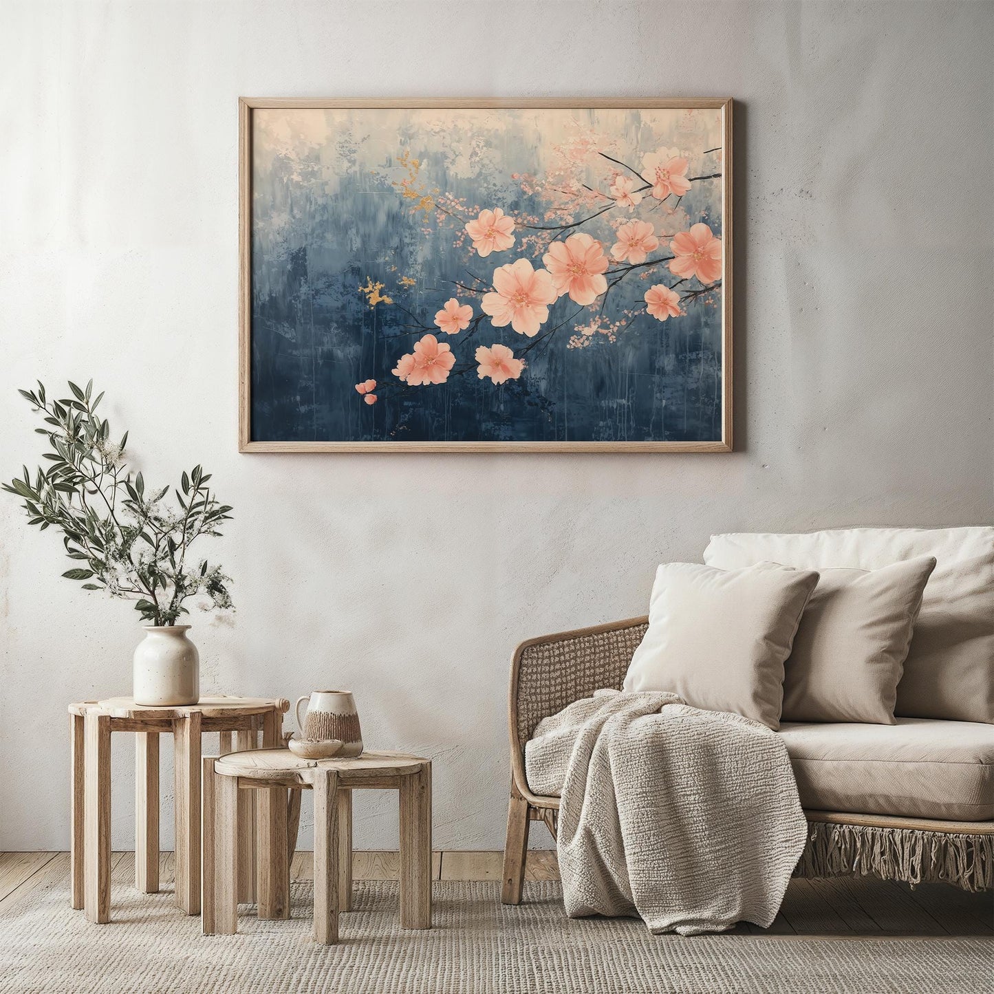 Cherry Blossom Whispers Japanese Abstract Oil Painting Style Modern Art Wall Decor Poster Print