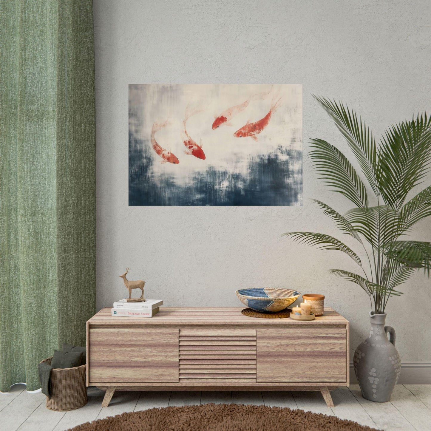 Crimson Koi Dance Japanese Abstract Oil Painting Effect Poster Print Vibrant Fish Wall Decor Art