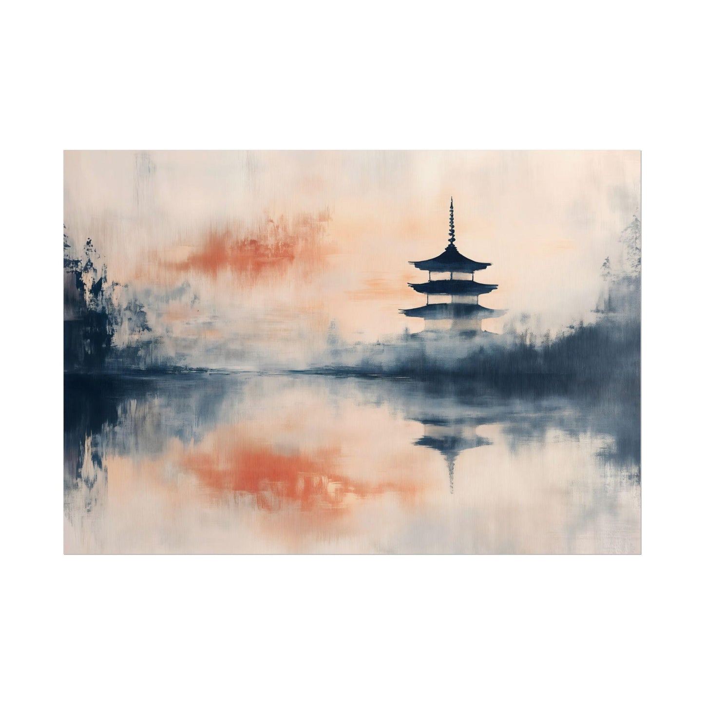 Golden Pagoda Dreams Japanese Abstract Oil Painting Effect Poster Print Tranquil Reflection Art Wall Decor