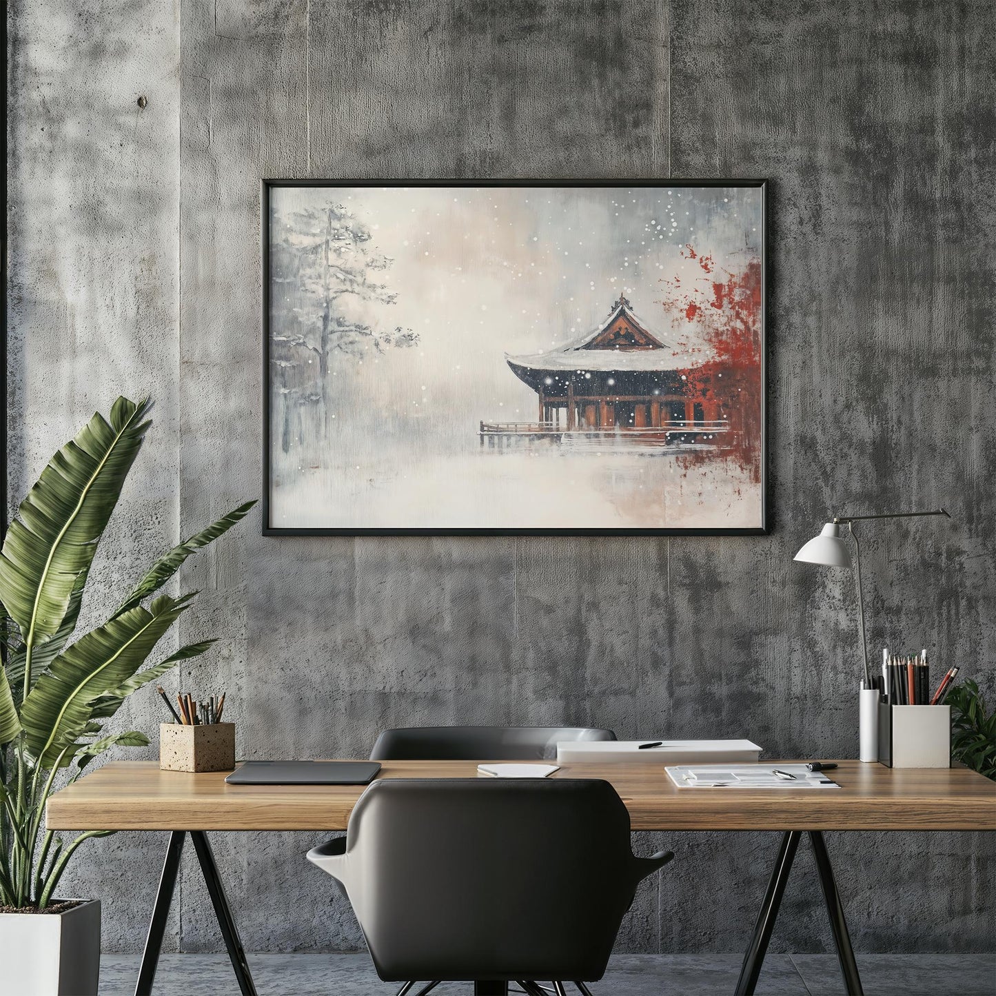 Silent Snowfall Japanese Abstract Oil Painting Effect Poster Print Winter Serenity Wall Art Decor