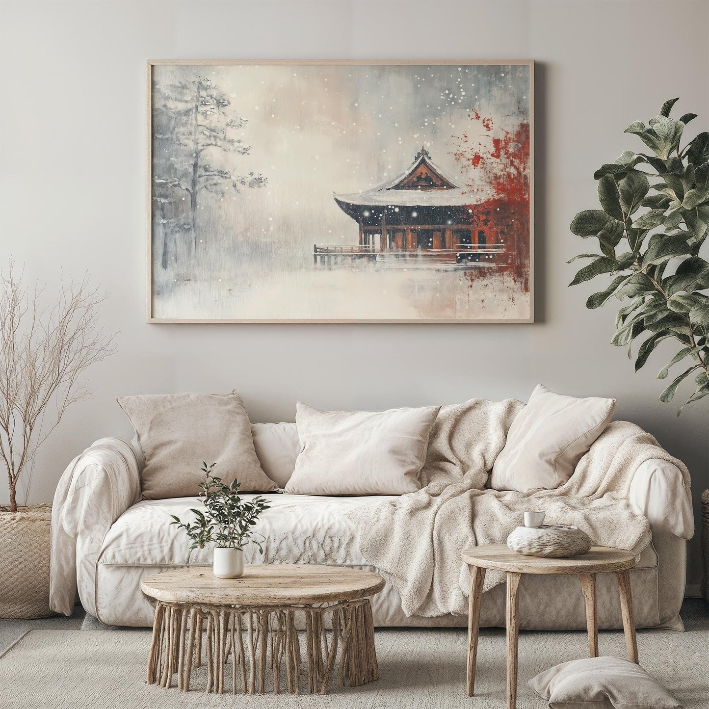 Silent Snowfall Japanese Abstract Oil Painting Effect Poster Print Winter Serenity Wall Art Decor