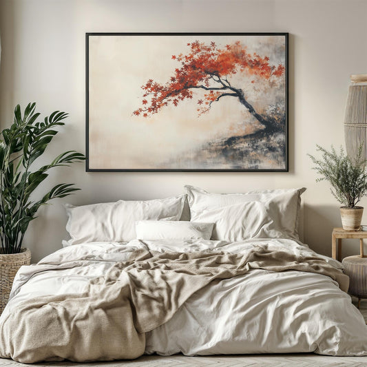 Autumn Haze Japanese Abstract Oil Painting Effect Poster Print Vibrant Maple Tree Wall Art Decor