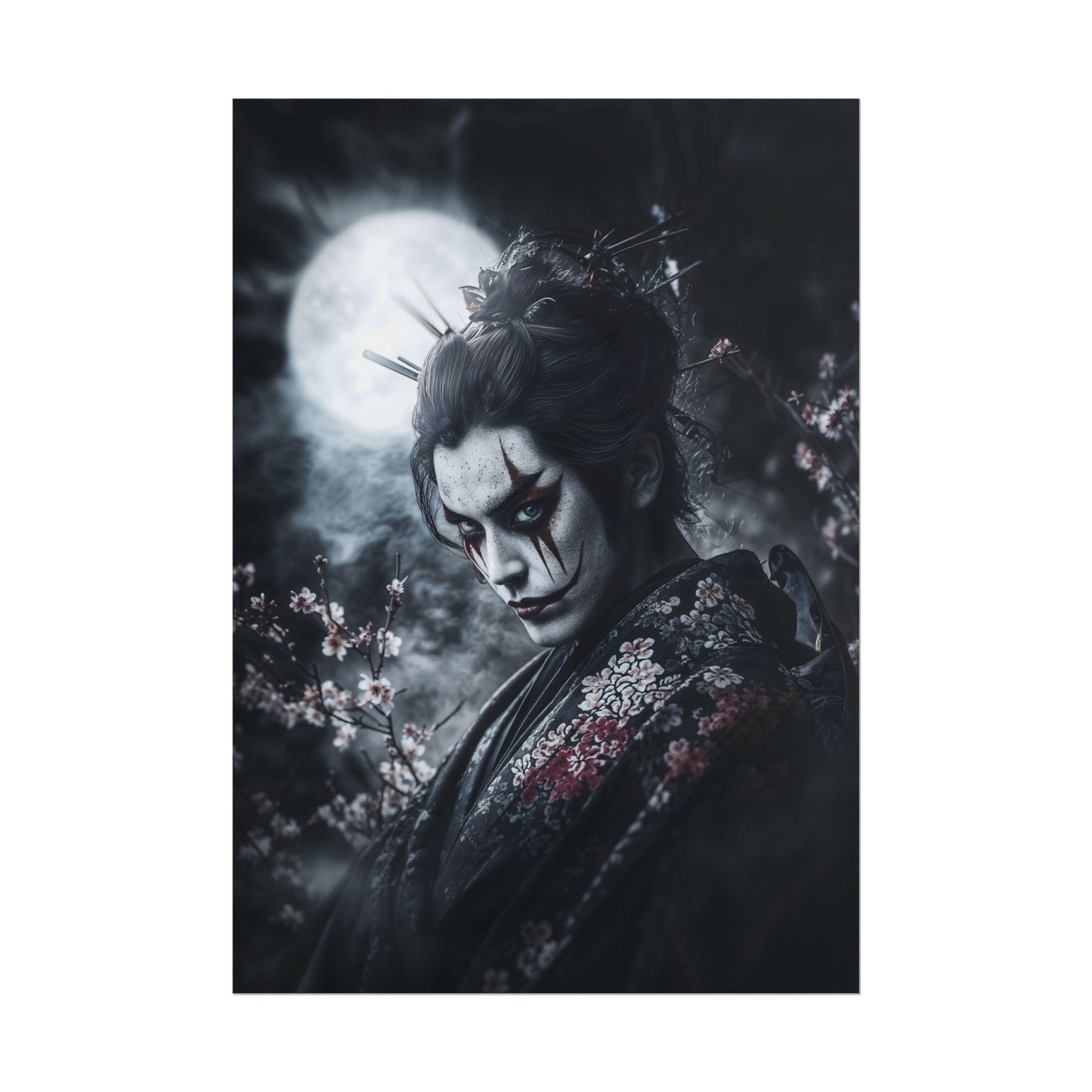 Japanese Theater Halloween Art Moonlit Kabuki Spooky Kowai Anime Poster Print Wall Decor