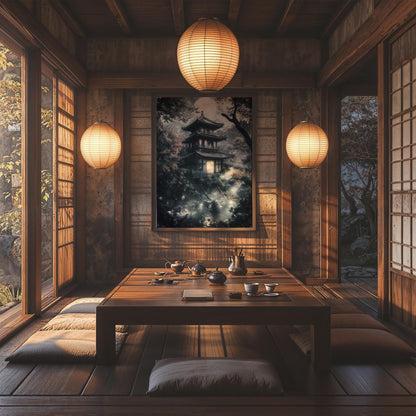 Japanese Ghostly Halloween Art Haunted Pagoda Spooky Kowai Anime Poster Print Wall Decor