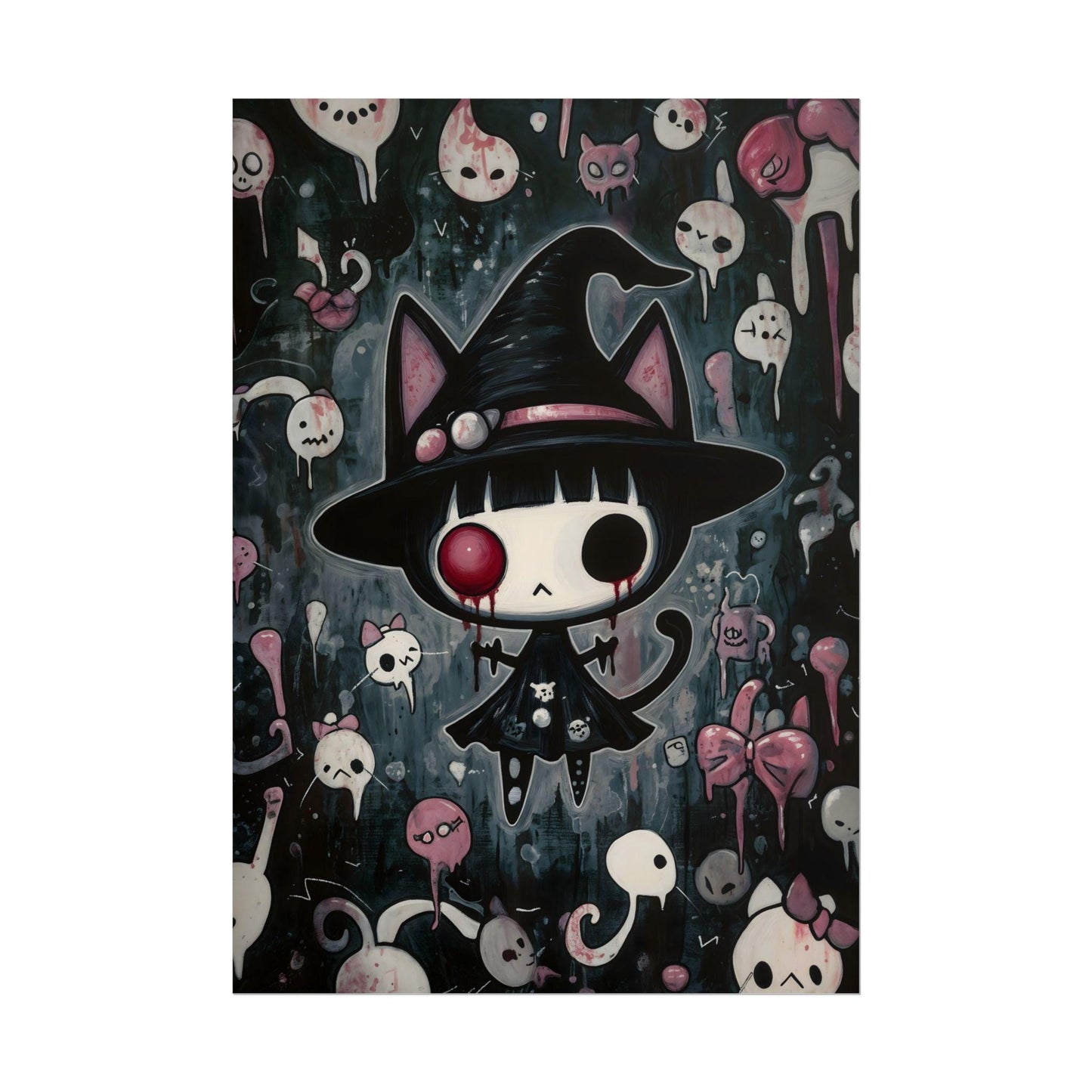 Kawaii Halloween Poster Print Ghostly Cat Companion with Missing Eye Japanese Spooky Creepy Cute Gothic Horror Yami Kawaii Gurokawa