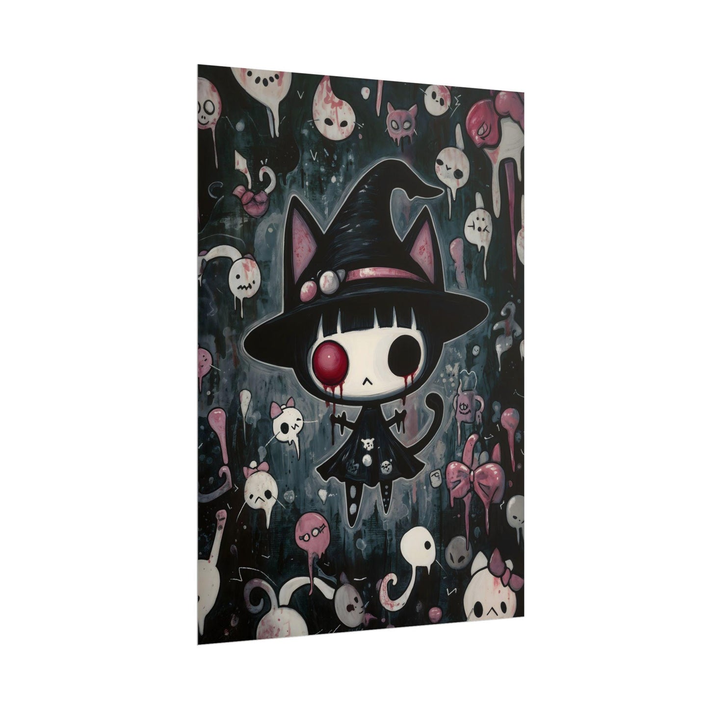 Kawaii Halloween Poster Print Ghostly Cat Companion with Missing Eye Japanese Spooky Creepy Cute Gothic Horror Yami Kawaii Gurokawa