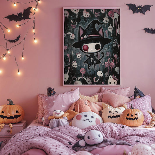 Kawaii Halloween Poster Print Ghostly Cat Companion with Missing Eye Japanese Spooky Creepy Cute Gothic Horror Yami Kawaii Gurokawa