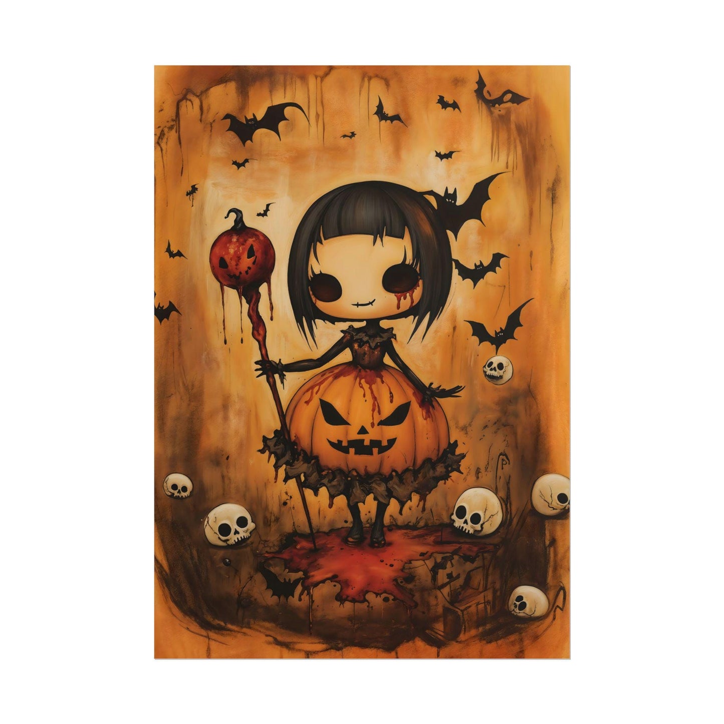 Kawaii Halloween Poster Print Bloodthirsty Pumpkin Witch Japanese Spooky Creepy Cute Gothic Horror Yami Kawaii Gurokawa