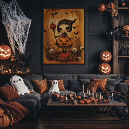 Kawaii Halloween Poster Print Bloodthirsty Pumpkin Witch Japanese Spooky Creepy Cute Gothic Horror Yami Kawaii Gurokawa