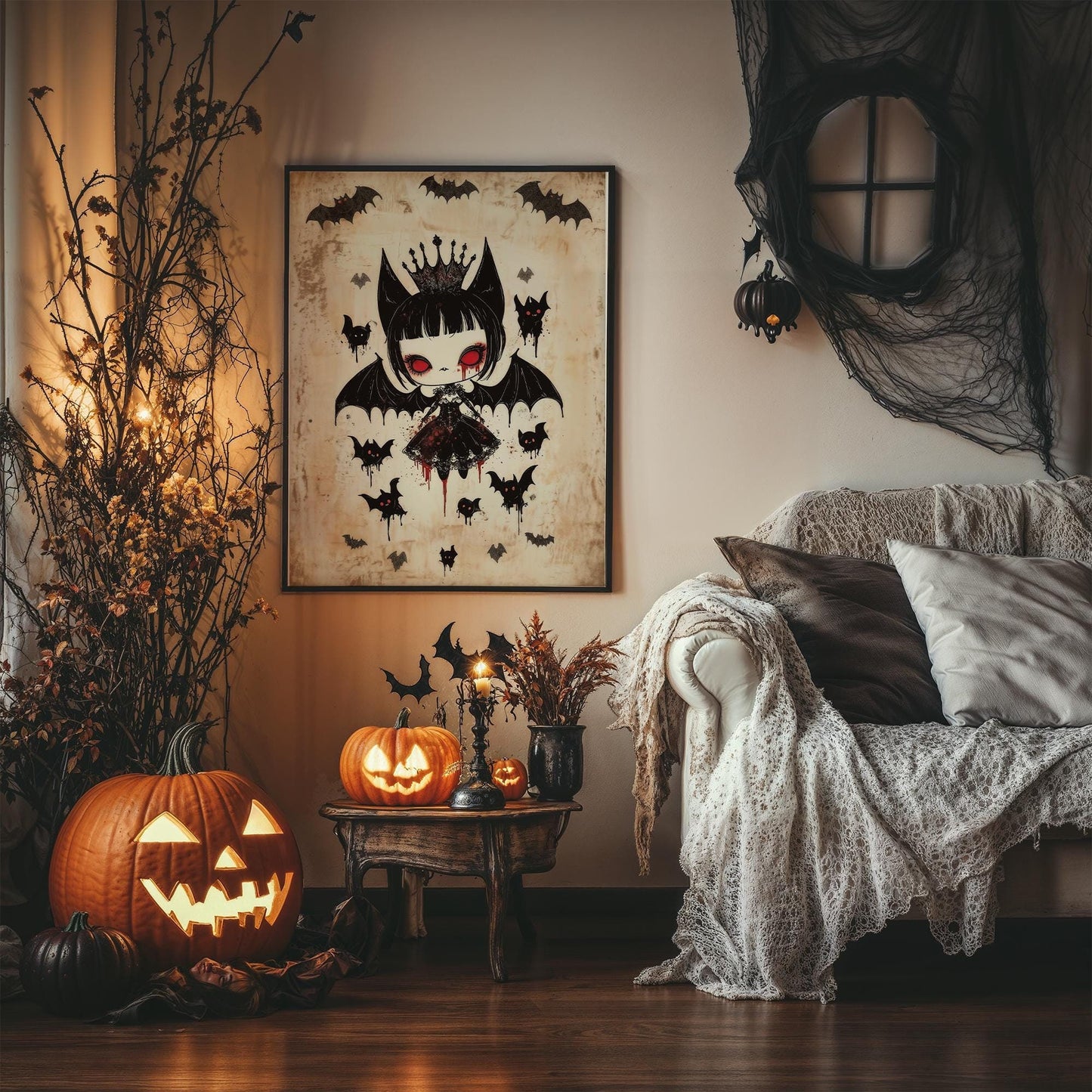 Kawaii Halloween Poster Print Bat Queen of the Underworld Japanese Spooky Creepy Cute Gothic Horror Yami Kawaii Gurokawa