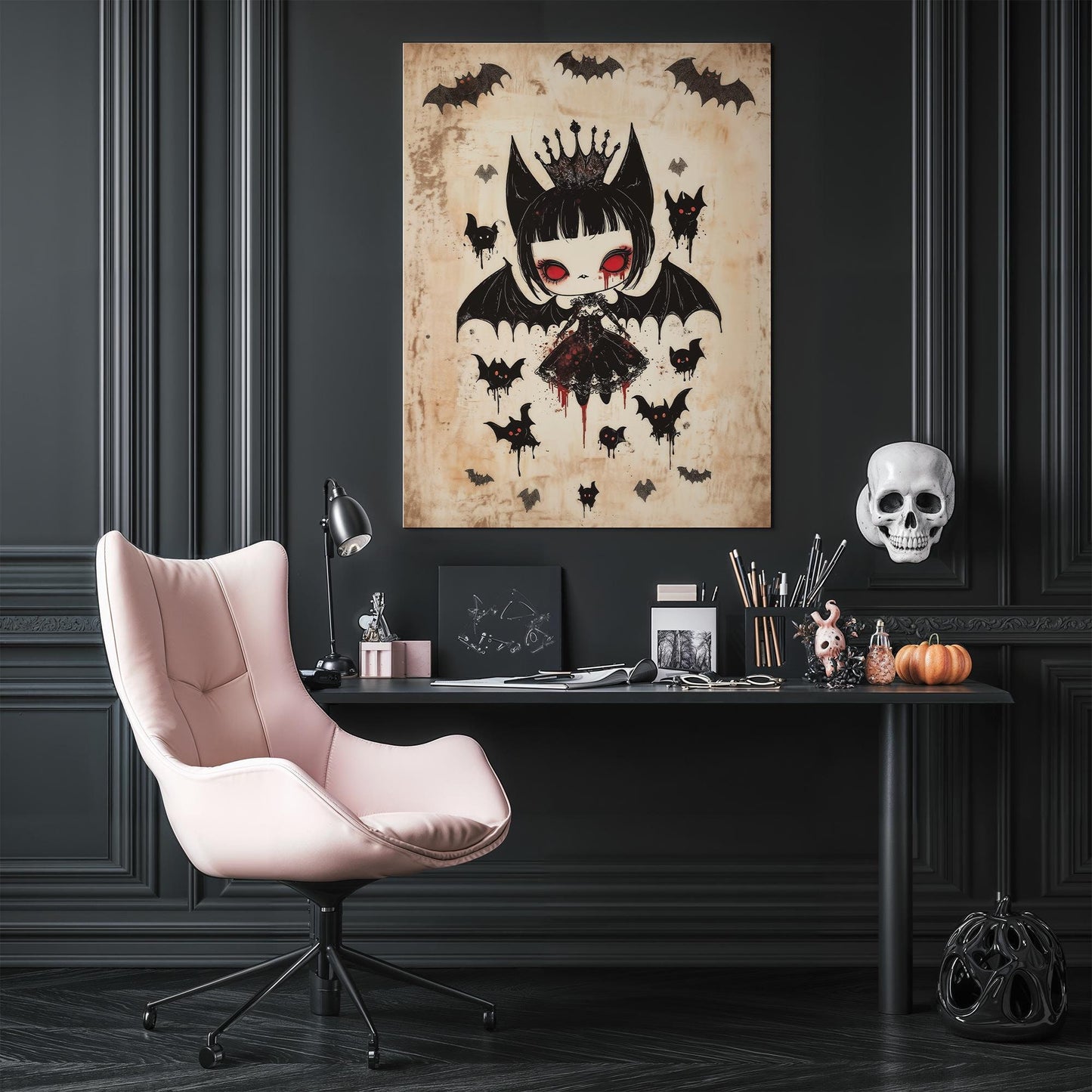 Kawaii Halloween Poster Print Bat Queen of the Underworld Japanese Spooky Creepy Cute Gothic Horror Yami Kawaii Gurokawa