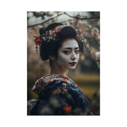 Geisha in Cherry Blossom Garden Traditional Japanese Sakura Wall Art Portrait Poster Print