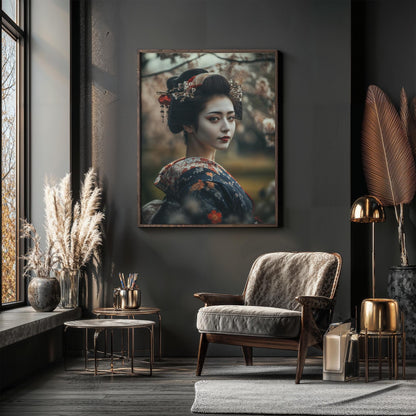 Geisha in Cherry Blossom Garden Traditional Japanese Sakura Wall Art Portrait Poster Print